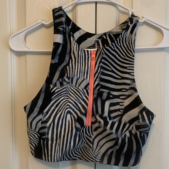 Betsy Johnson zebra animal print neon orange zip up racerback bra gym sexy black - Picture 6 of 8